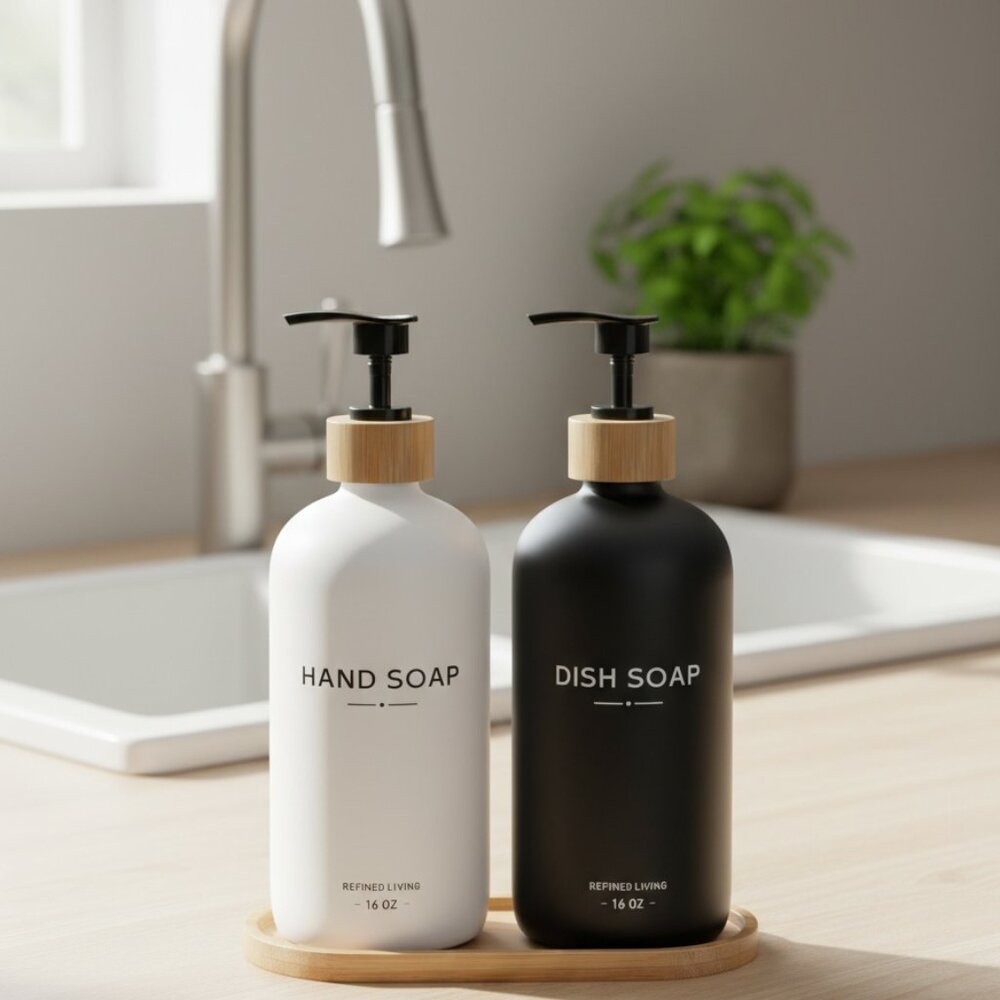 Hand and Dish Soap Dispenser Set,16oz Glass Bottles with Printed Labels,‎ Bamboo